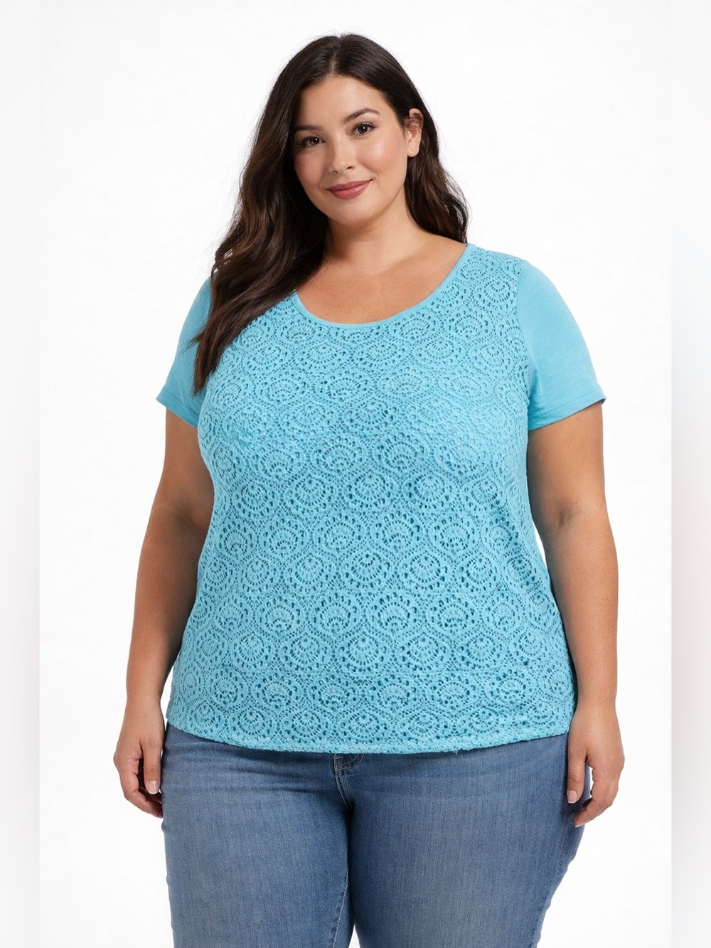 Liz Claiborne Womens Short Sleeve Crochet Detail Blouse in Turquoise Sz 1X